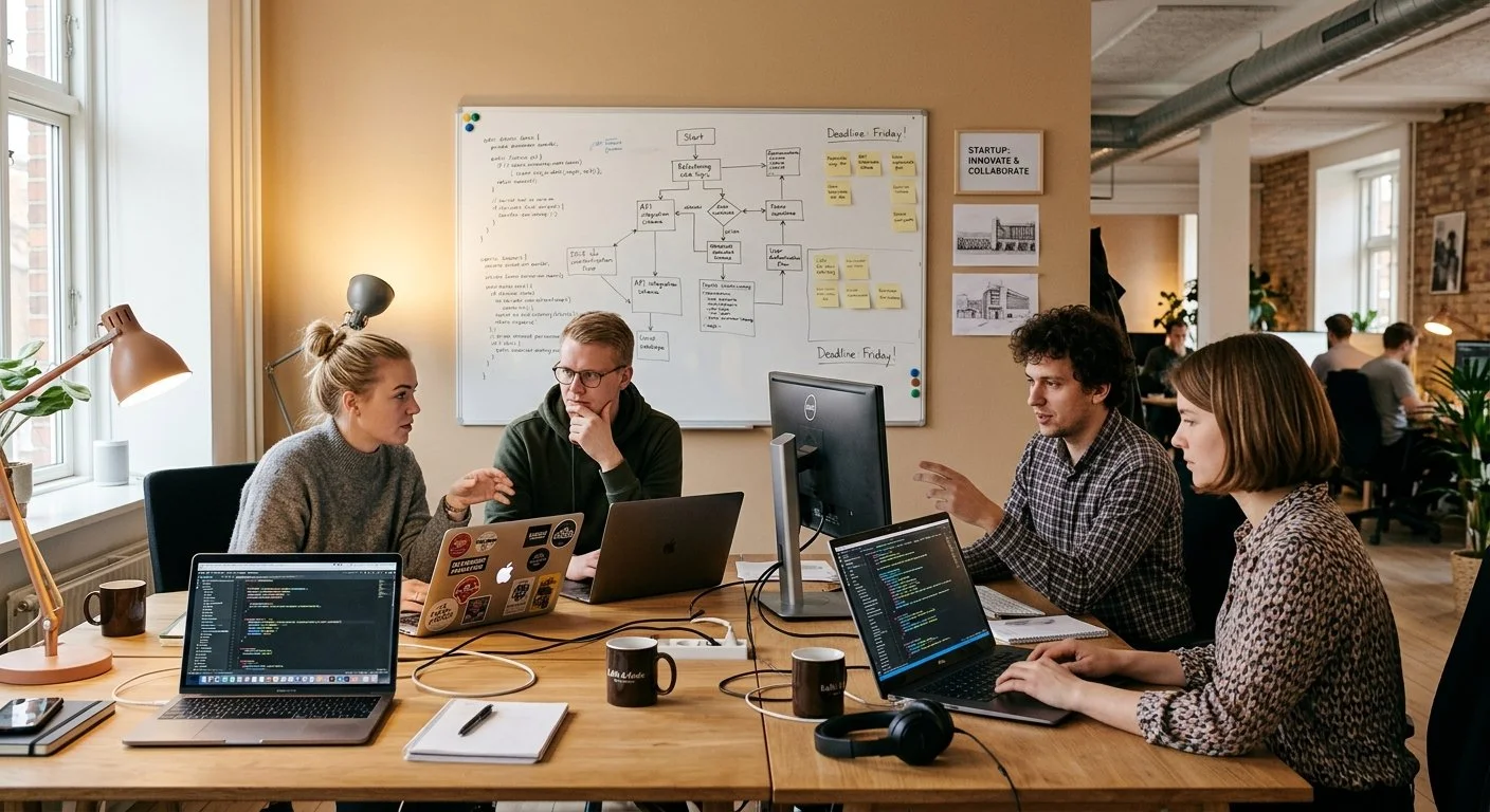 A group of four people working and discussing around a wooden table in a modern office. They have laptops, notebooks, and mugs. The background includes large windows, whiteboards, and posters on the walls.