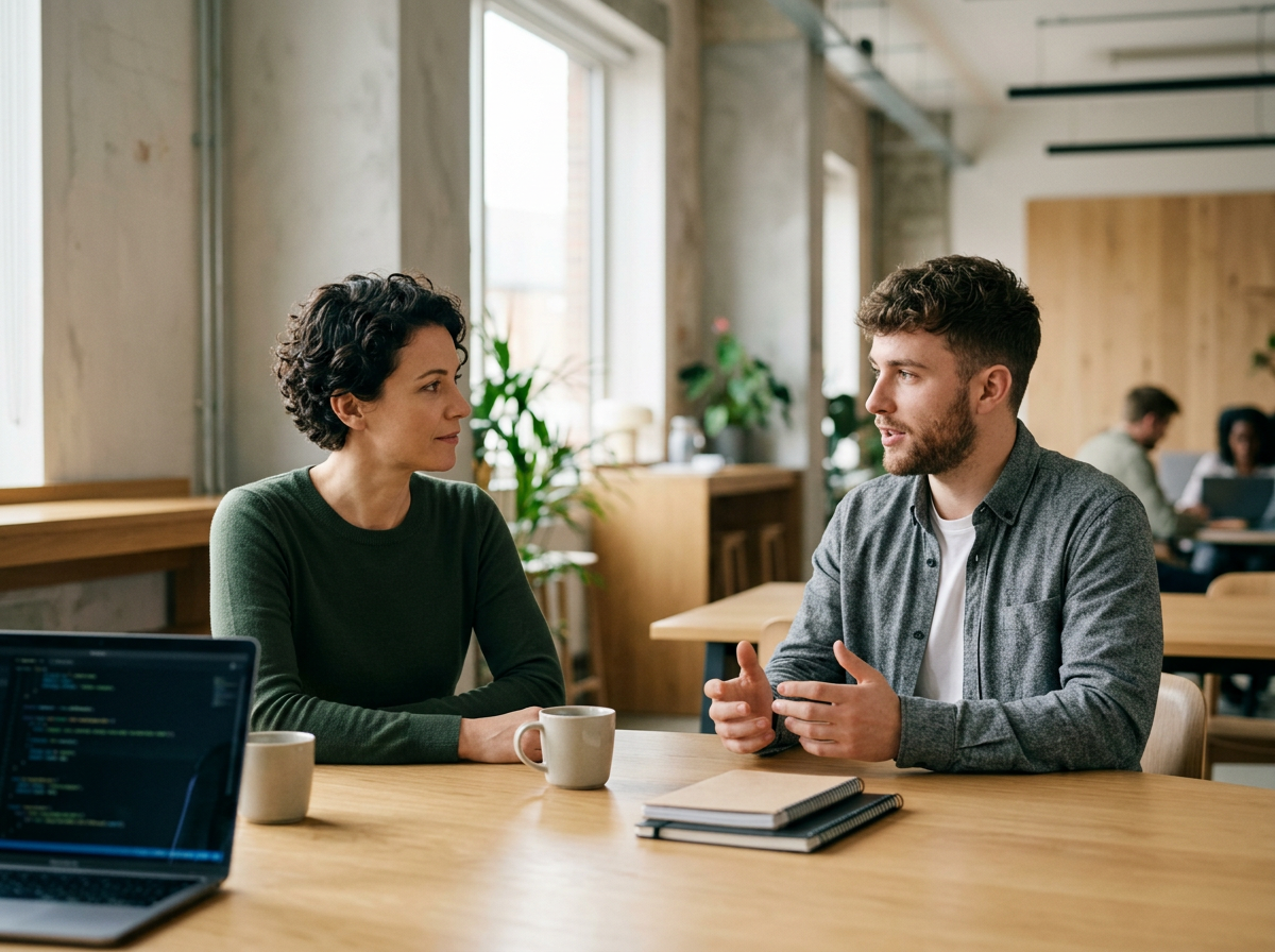 Two people sit at a wooden table having a conversation in a bright, modern office or coffee shop with large windows and plants in the background.