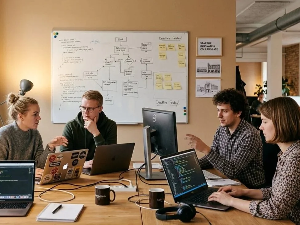 A group of four young adults having a discussion in a modern office meeting room, with laptops open on the table and a whiteboard behind them filled with notes and diagrams.