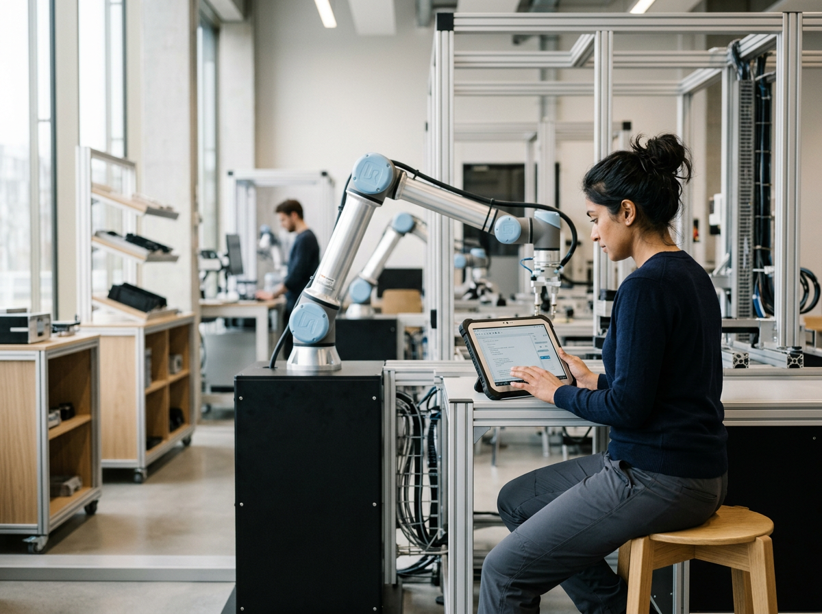 A woman working with a robotic arm in a modern industrial lab, sitting on a wooden stool and using a tablet, with another person working in the background.