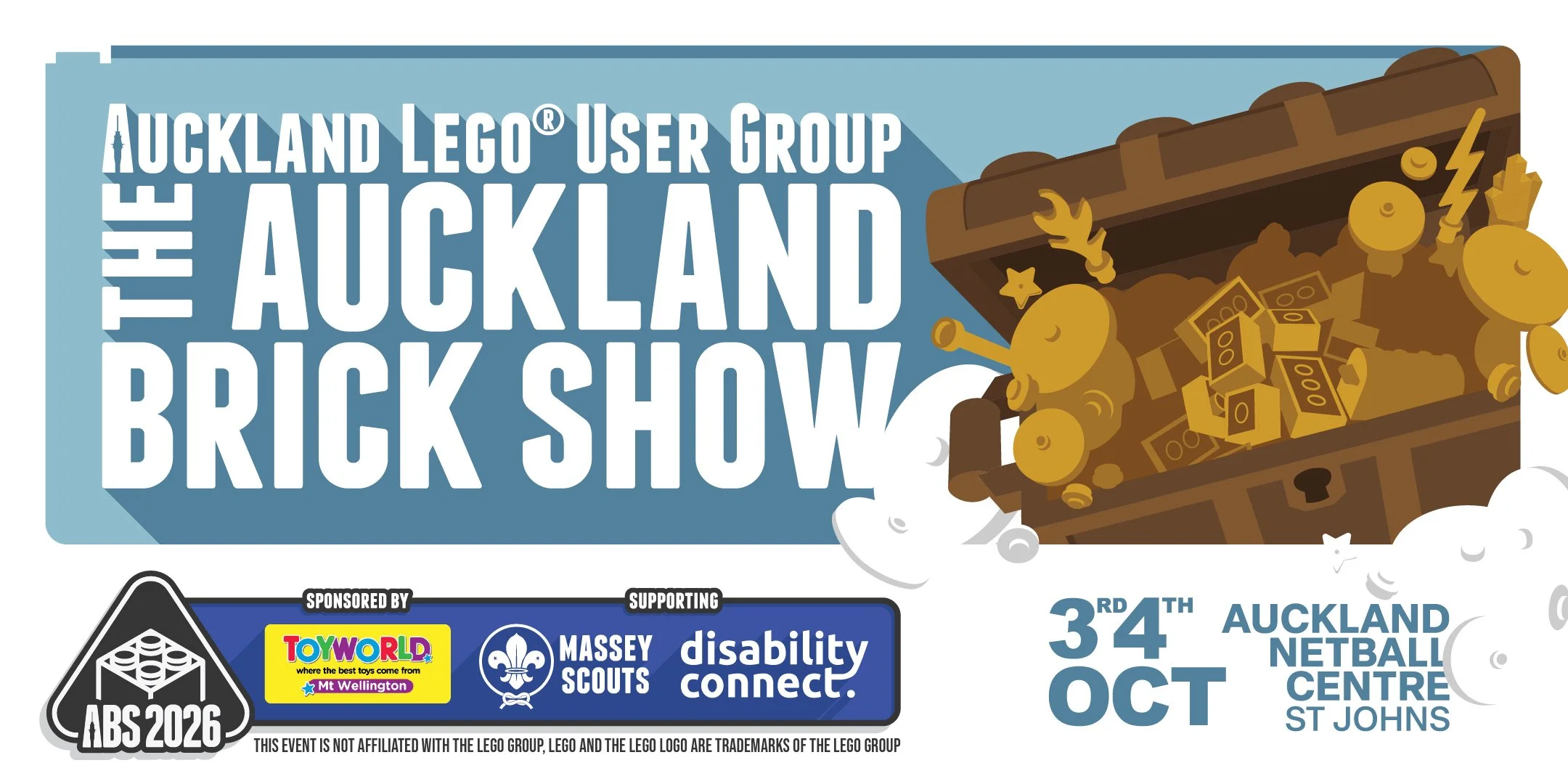Flyer for the Auckland Lego Brick Show 2026, scheduled for October 3rd and 4th at the Auckland Netball Centre, featuring a graphic of a treasure chest overflowing with gold LEGO® bricks