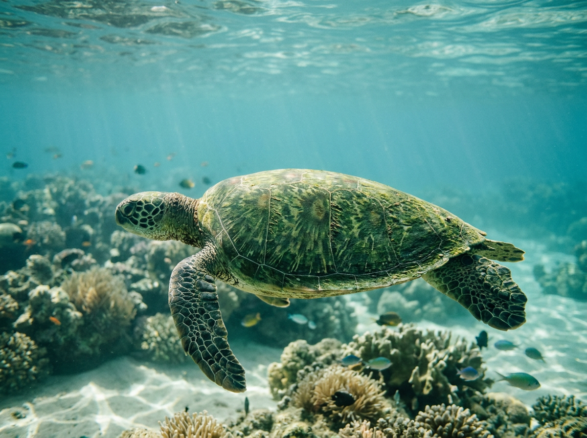 Underwater scene featuring a green sea turtle swimming near coral reef with small fish.