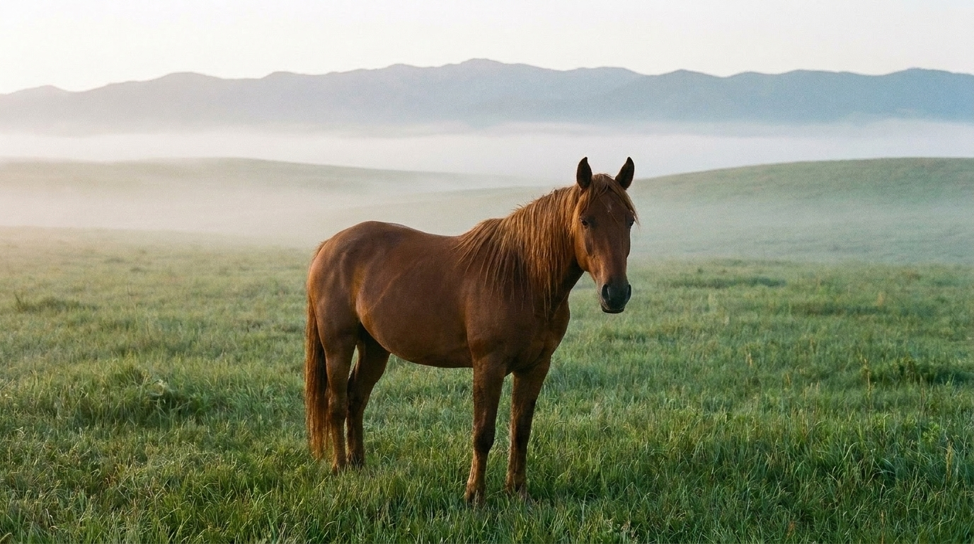A brown horse standing in a green grassy field with mountains and fog in the background.