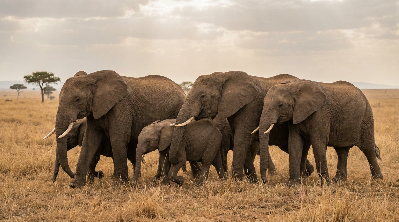 A herd of five elephants walking through a grassy savanna landscape with scattered trees under a cloudy sky.