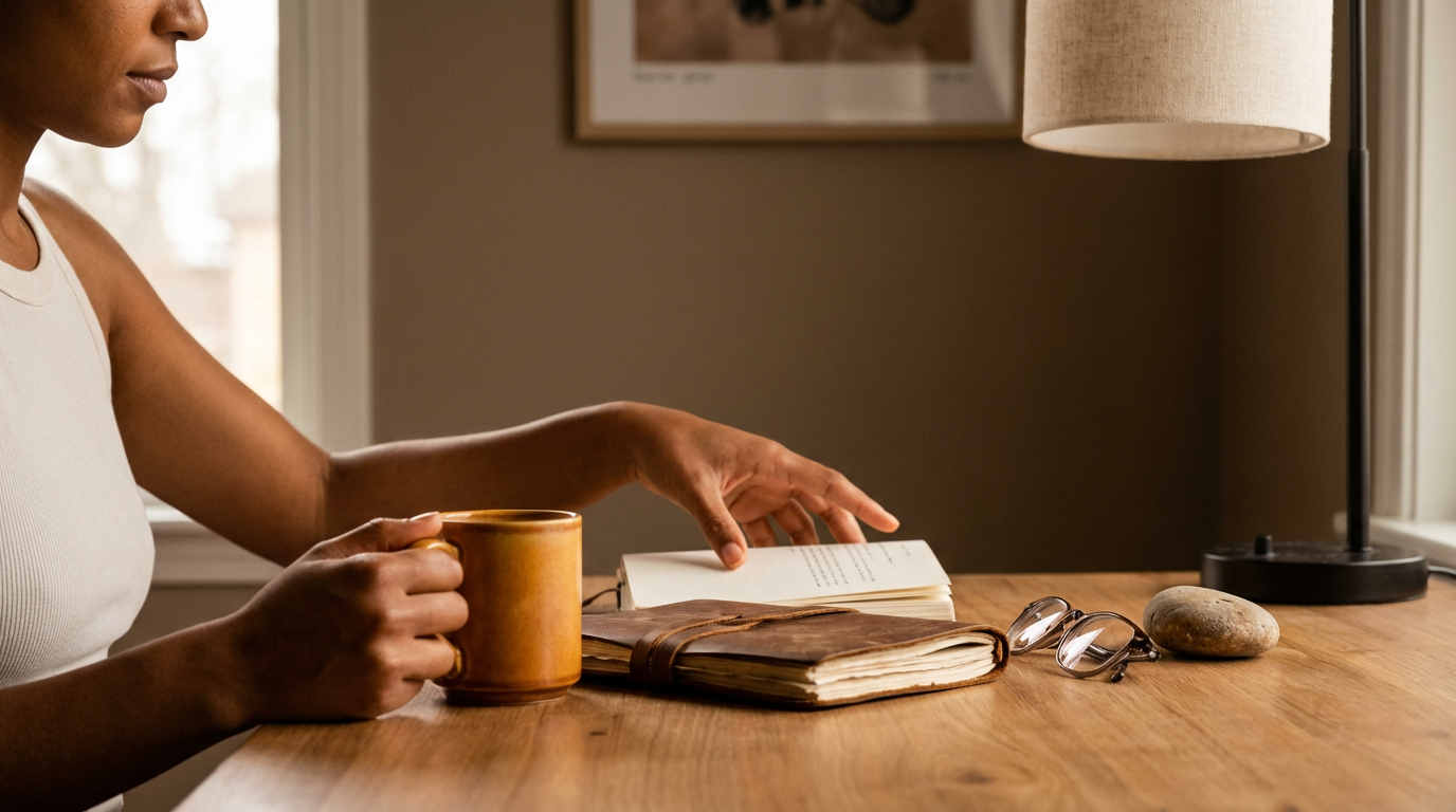 A woman sitting at a wooden table with a brown journal, an open book, a pair of eyeglasses, a stone, and a coffee mug in a cozy room with a window and a lamp.