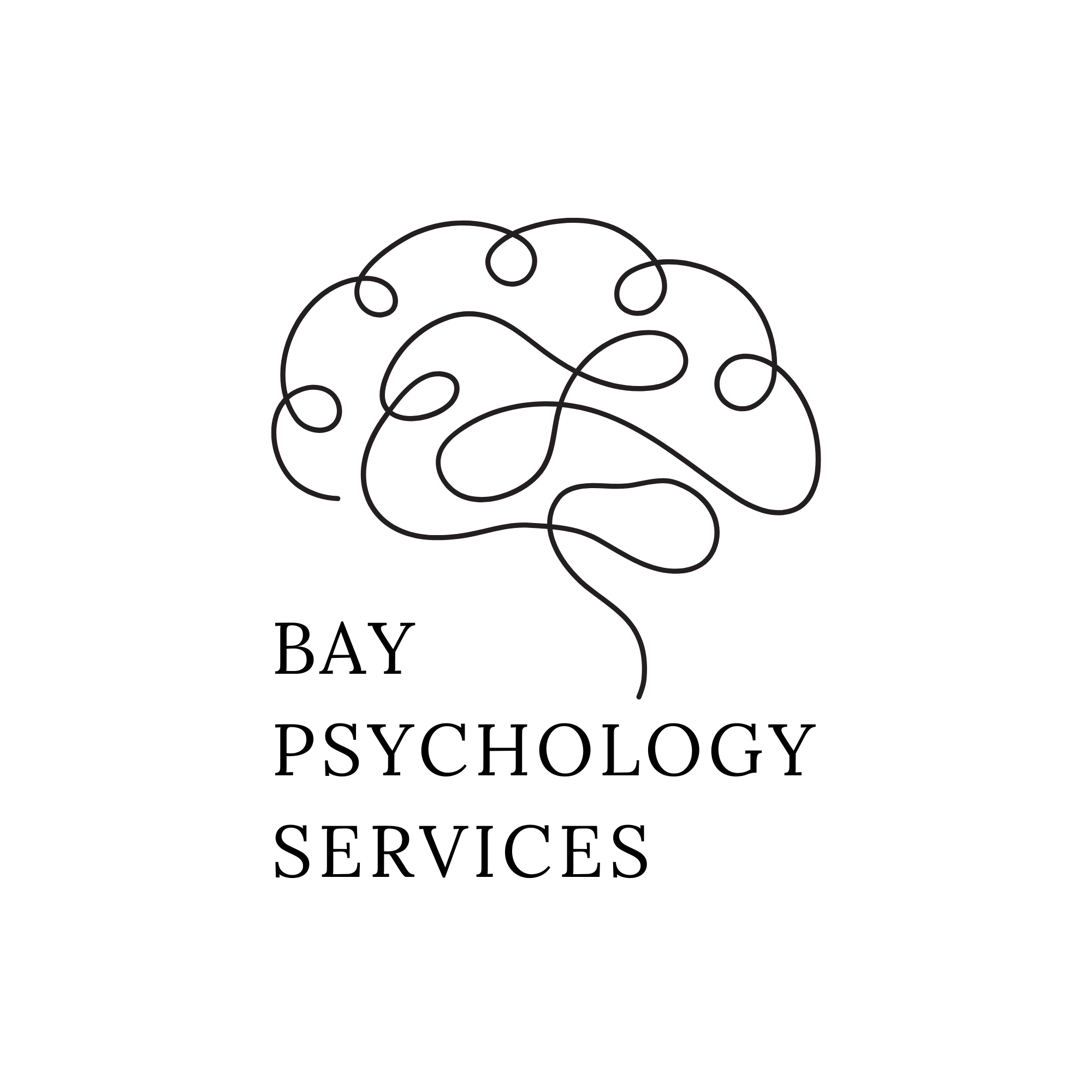 Logo of Brain, Bay Psychology Services featuring a stylized brain illustration with interconnected loops.