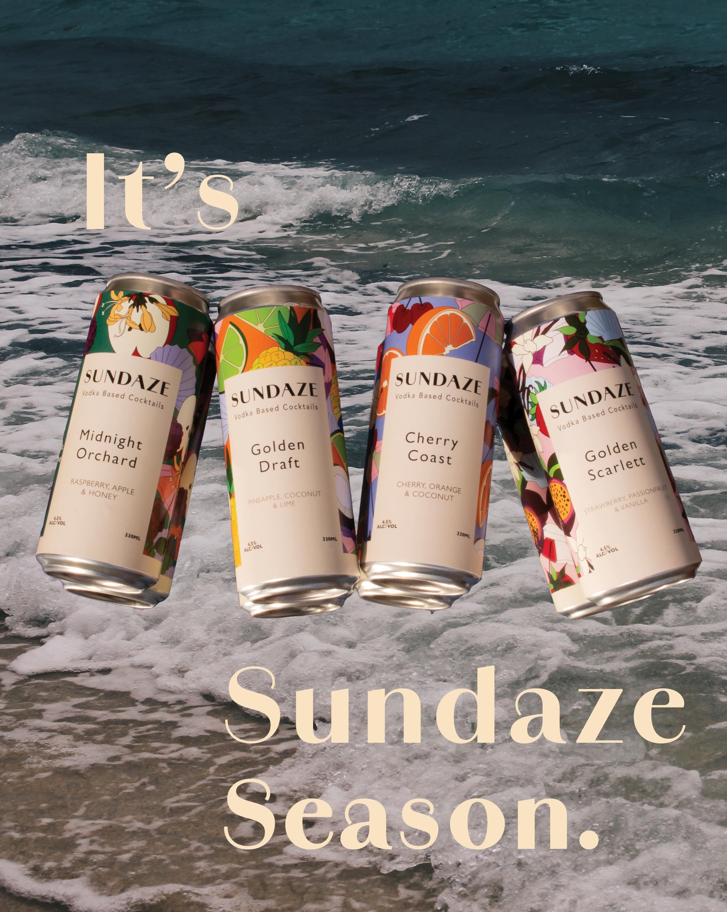 Communication Design Studio 4 Project 1 Alcohol Beverage Branding and Packaging 

Sundaze Distillery is a vodka based distillery in the coastal town of wallaroo creating specialty canned cocktails inspired by the Coast and South Australia. Focused on