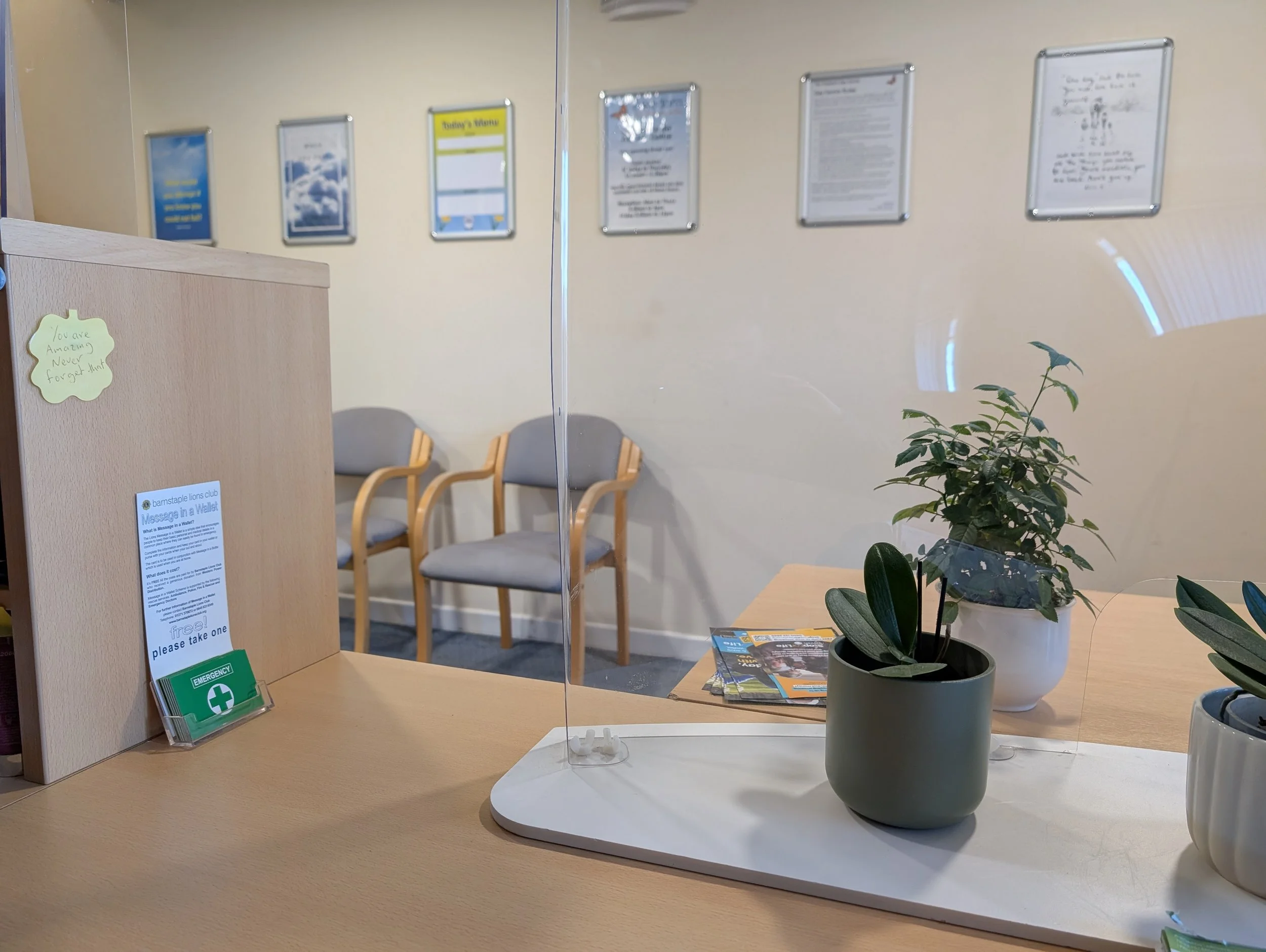 View of a waiting area with chairs, framed posters on the wall, potted plants on a table, and a clear divider on the reception desk.
