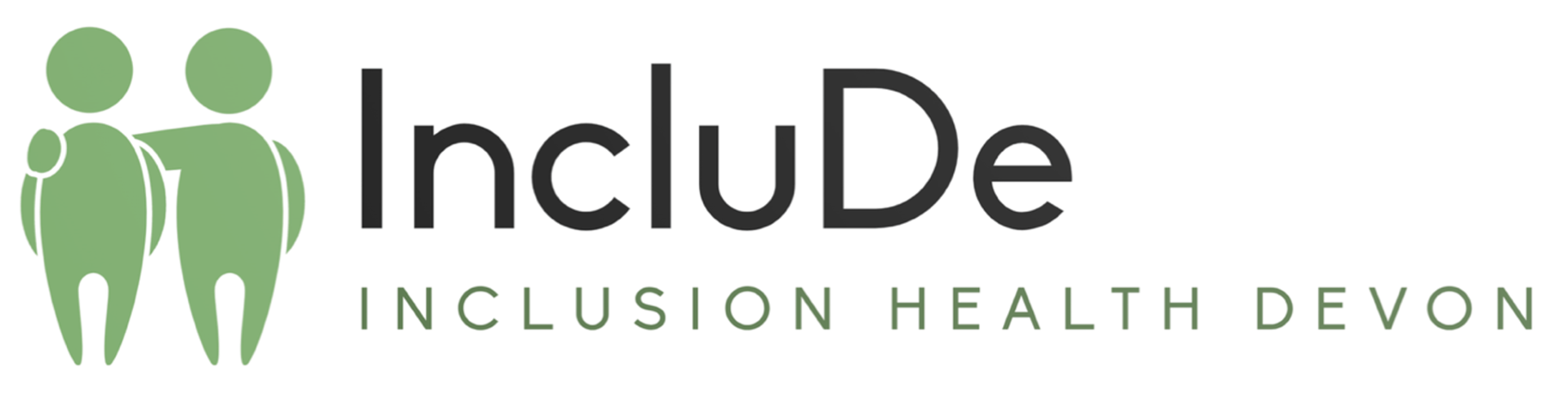 Logo of Include: Inclusion Health Devon, featuring two stylized green human figures with backpacks and the organization's name in black and green text.