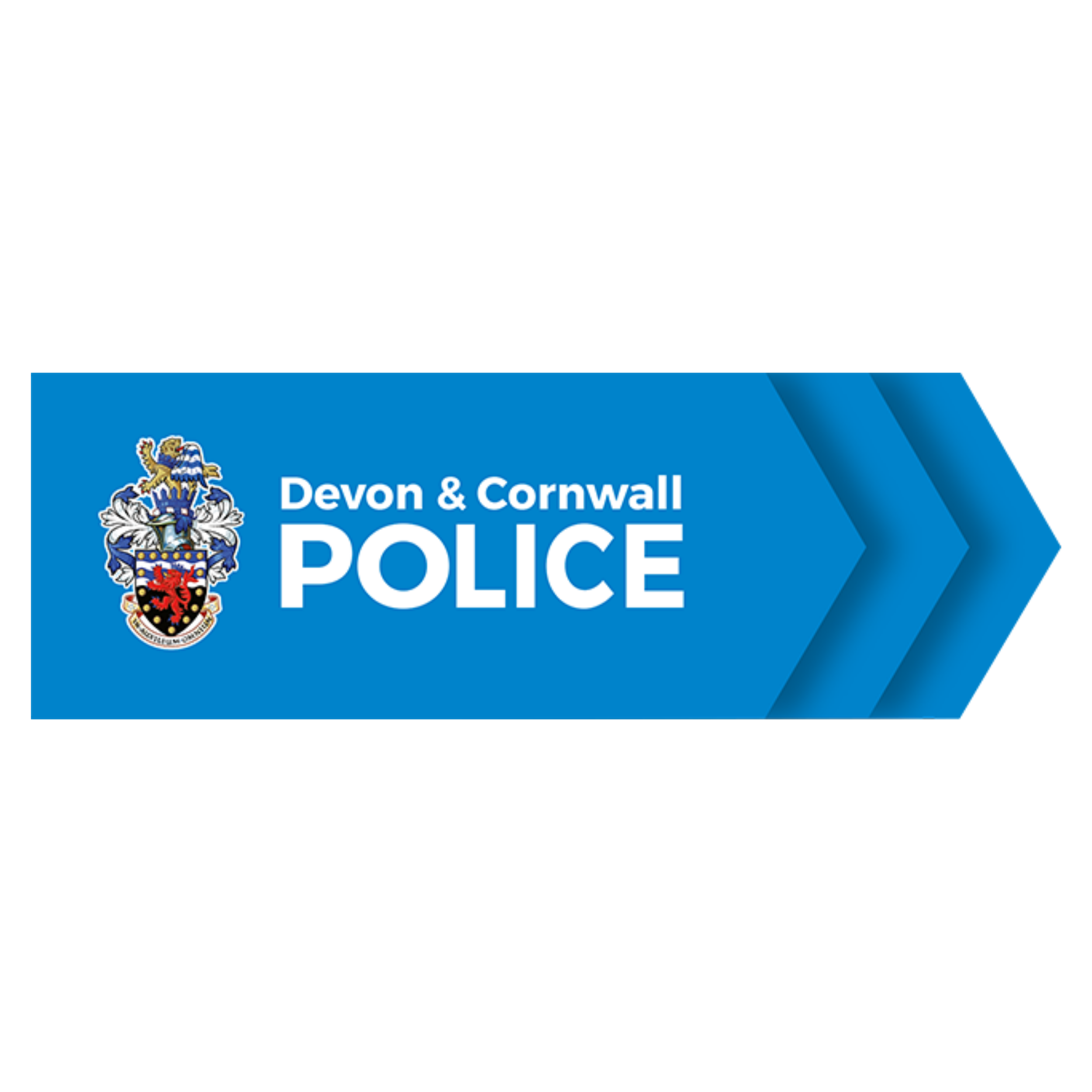 Blue badge with Police Devon and Cornwall, featuring a crest with a shield and lion, and a red, white, and black emblem
