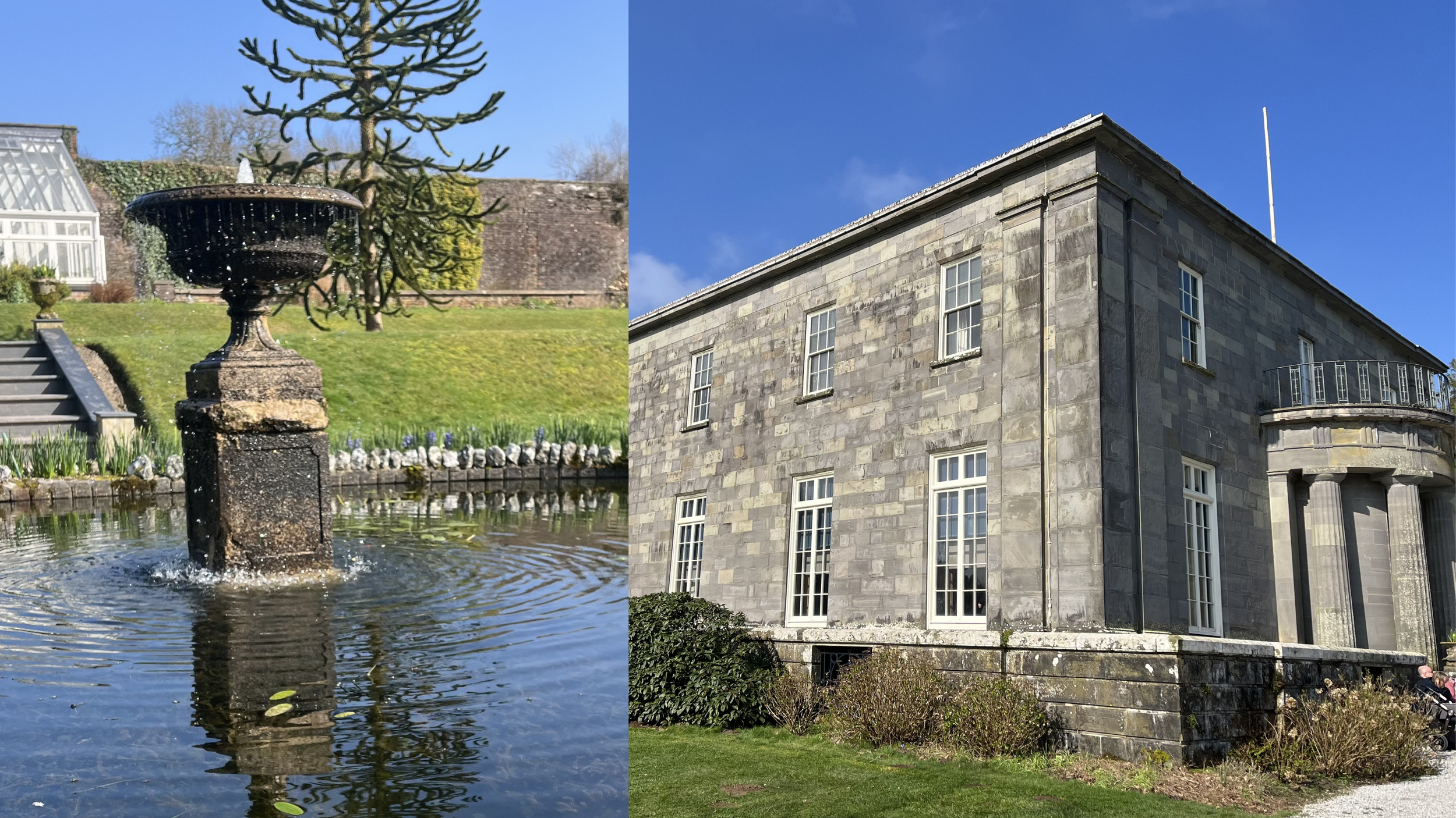 A split view with a garden pond with a stone fountain on the left and a historic stone building with multiple tall windows and a rounded balcony on the right, under a clear blue sky.