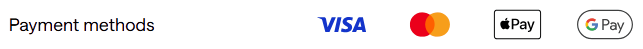 Logos of payment methods including Visa, Mastercard, Apple Pay, and Google Pay.