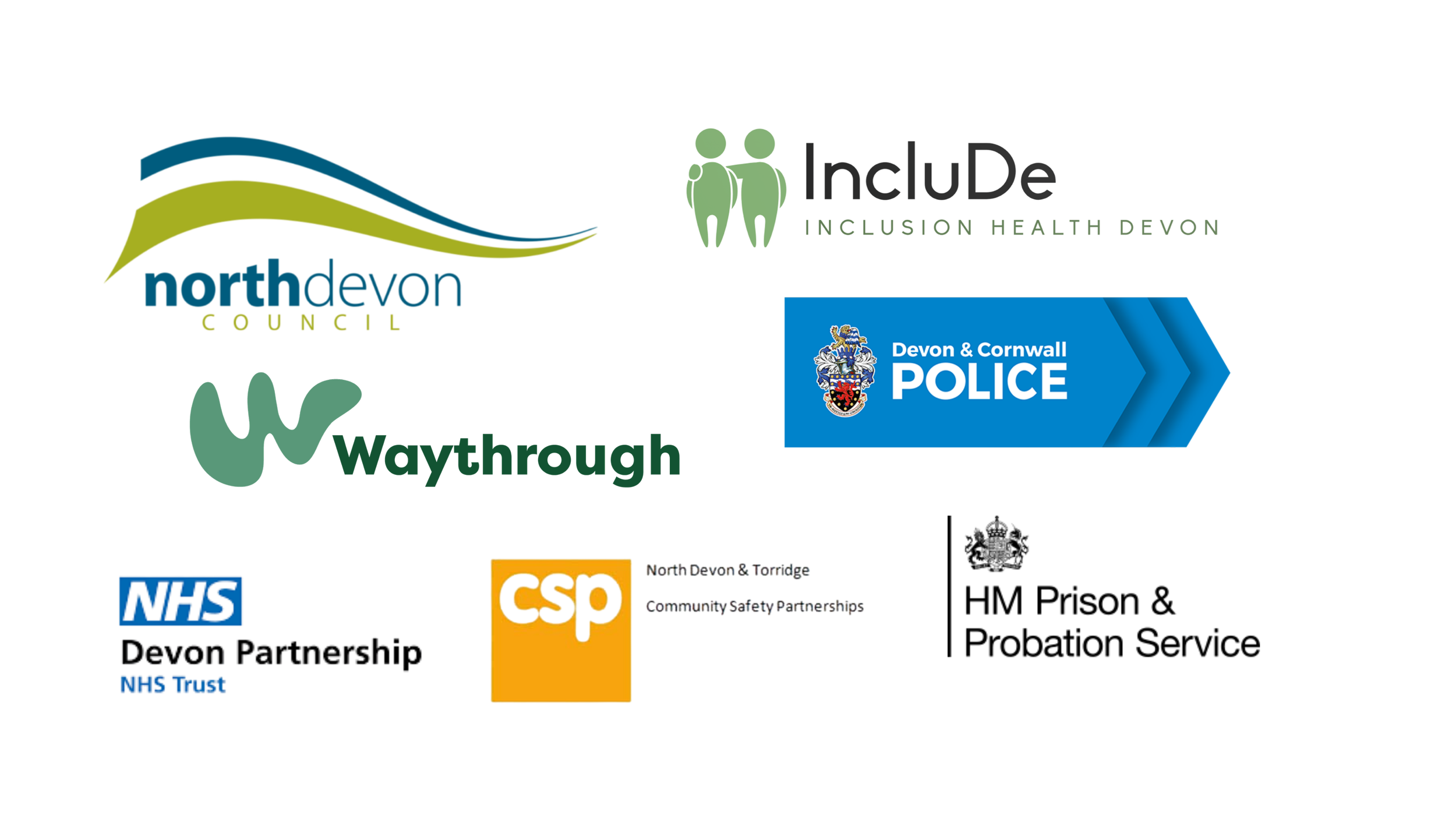 Logo collage featuring North Devon District Council, Inclusion Health Devon, Devon & Cornwall Police, Waythrough, NHS trust, and community logos.