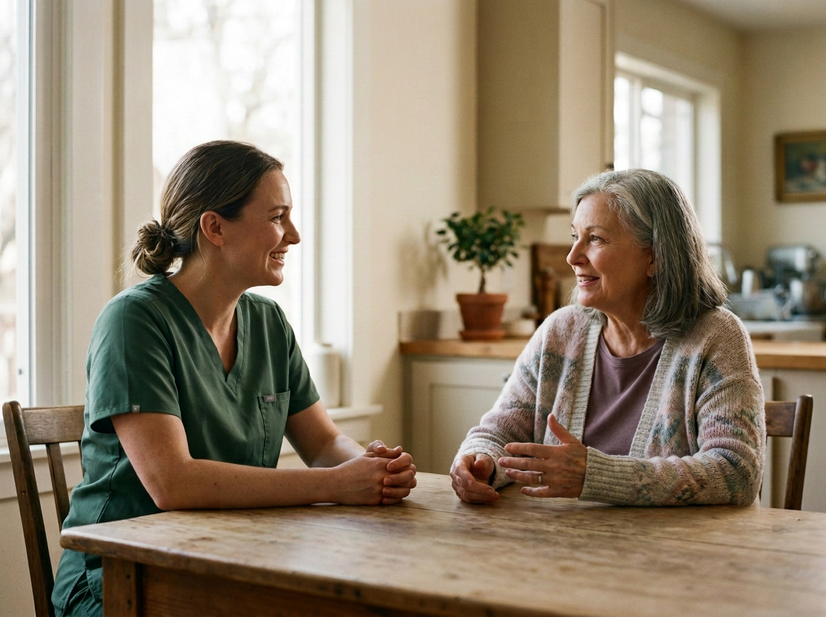 A nurse in green scrubs sitting at a dining table, talking to an older woman in a beige cardigan, discussing health goals of the client.