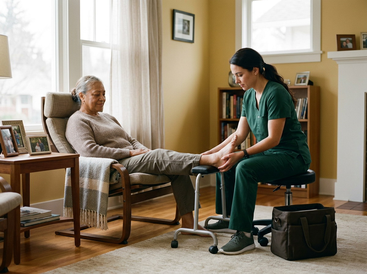 A nurse in green scrubs helps an older woman sit in a chair at home, assessing her foot. The room has a window, bookshelves, and family photos.