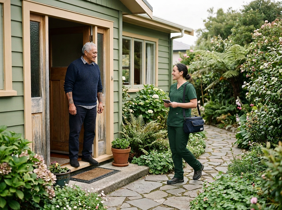 A nurse in green scrubs smiling while holding a tablet, standing on a stone pathway outside a house, talking to an older man at the doorway of his house during a home visit to provide care, surrounded by lush green plants and flowering bushes.