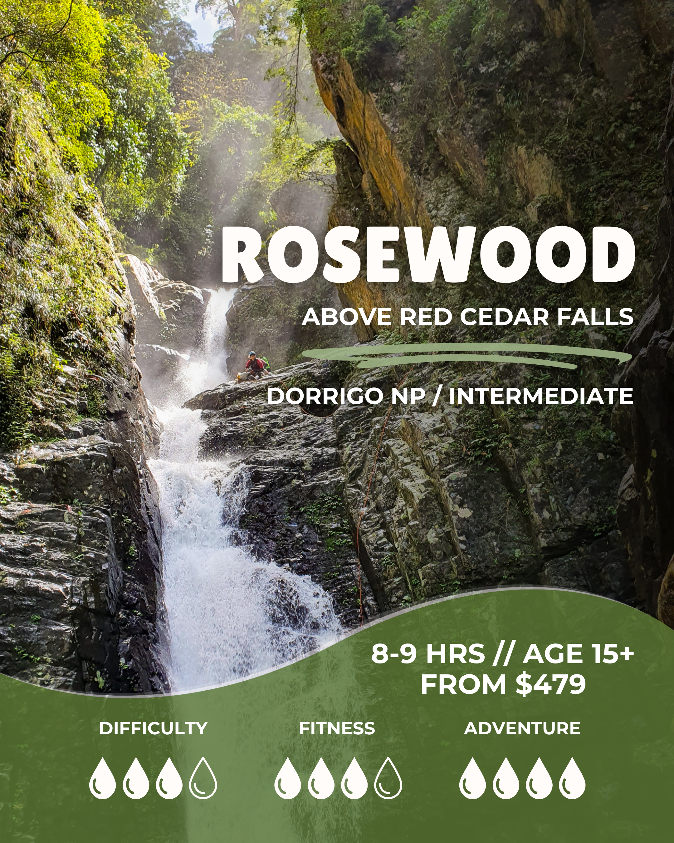 Rosewood Canyon: intermediate adventure, 8–9 hours, ages 15+.