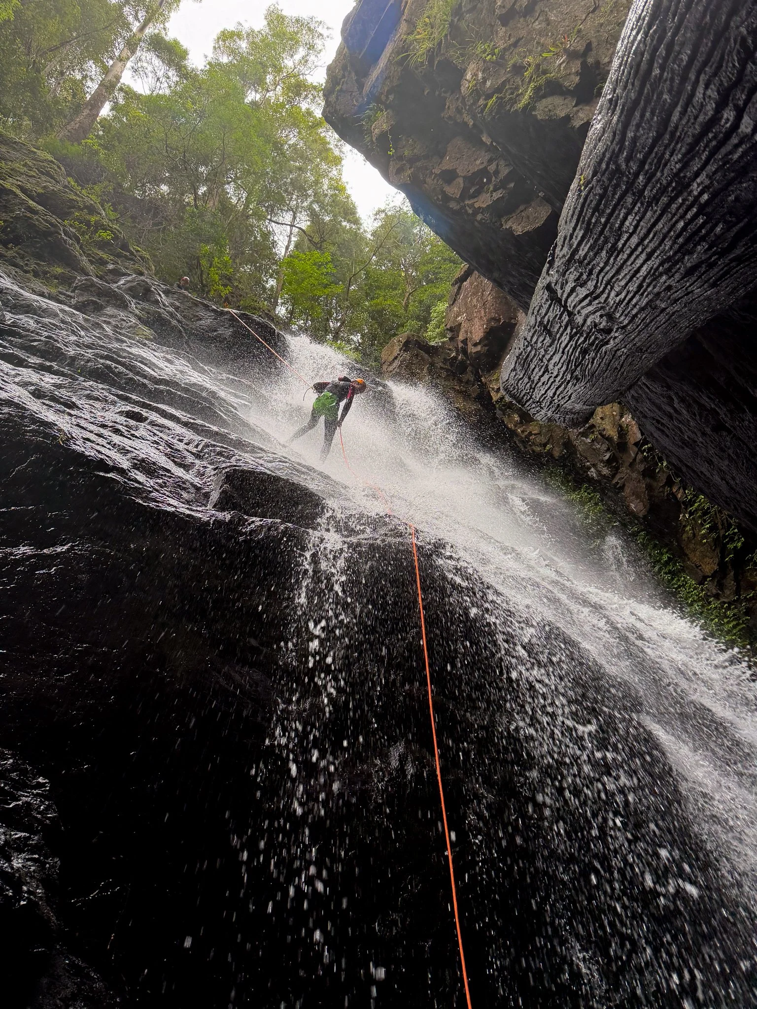 Person canyoning down a waterfall wearing a helmet and harness, with trees and rocks surrounding the area.