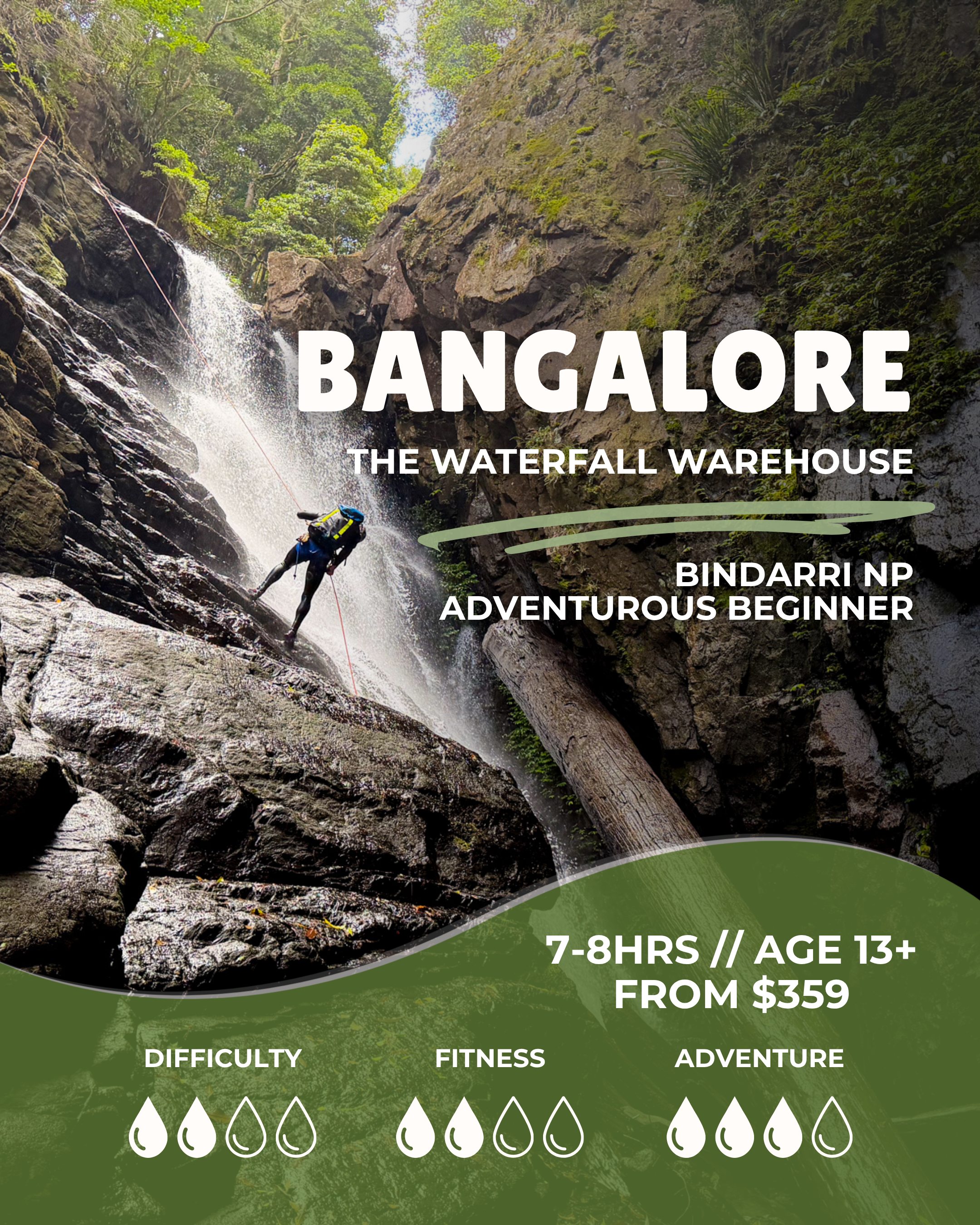 Bangalore Canyon: adventurous beginner, 7–8 hours, ages 13+, from $359 per person.