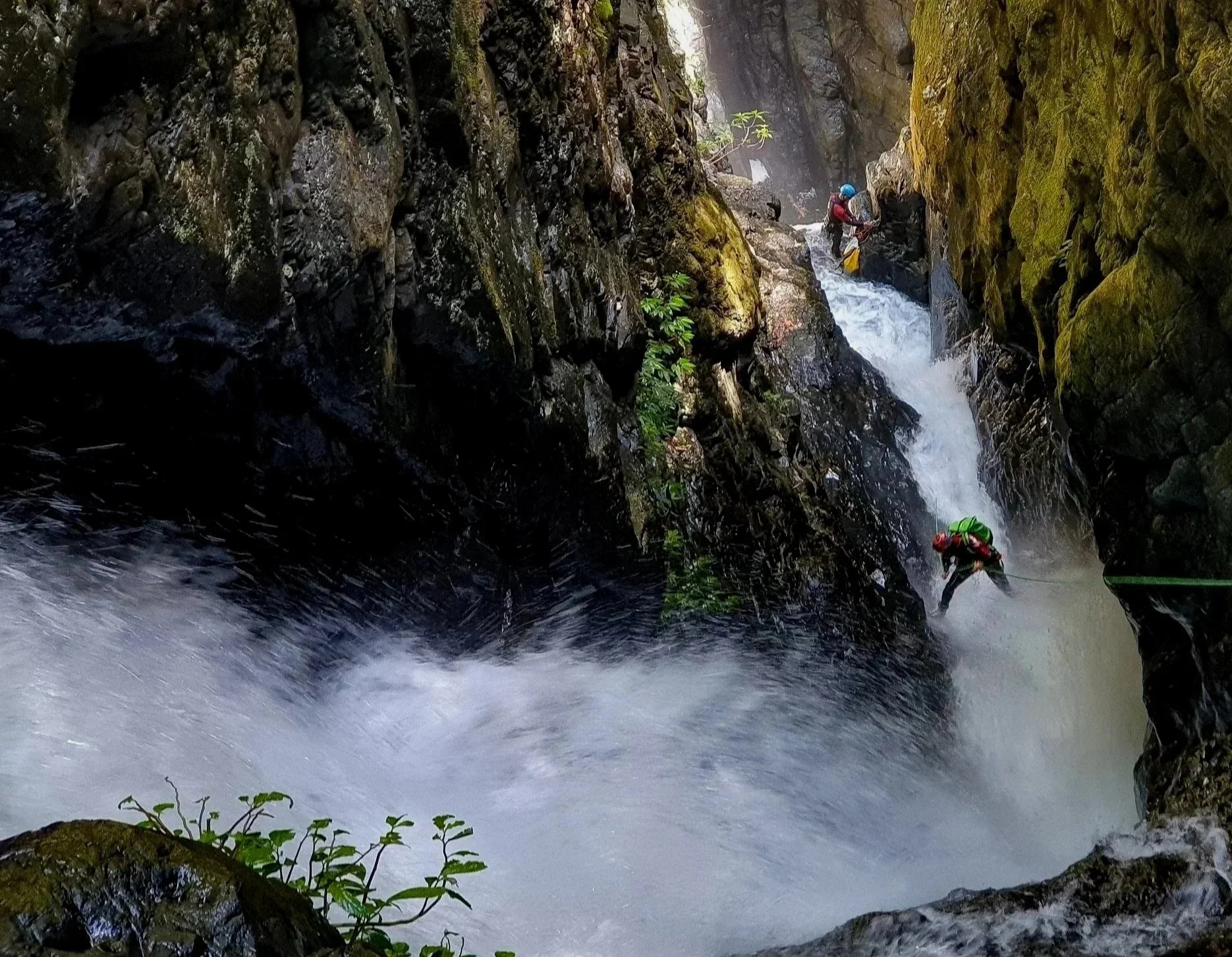 Canyoning through a flowing waterfall in a rainforest gorge on the Coffs Coast