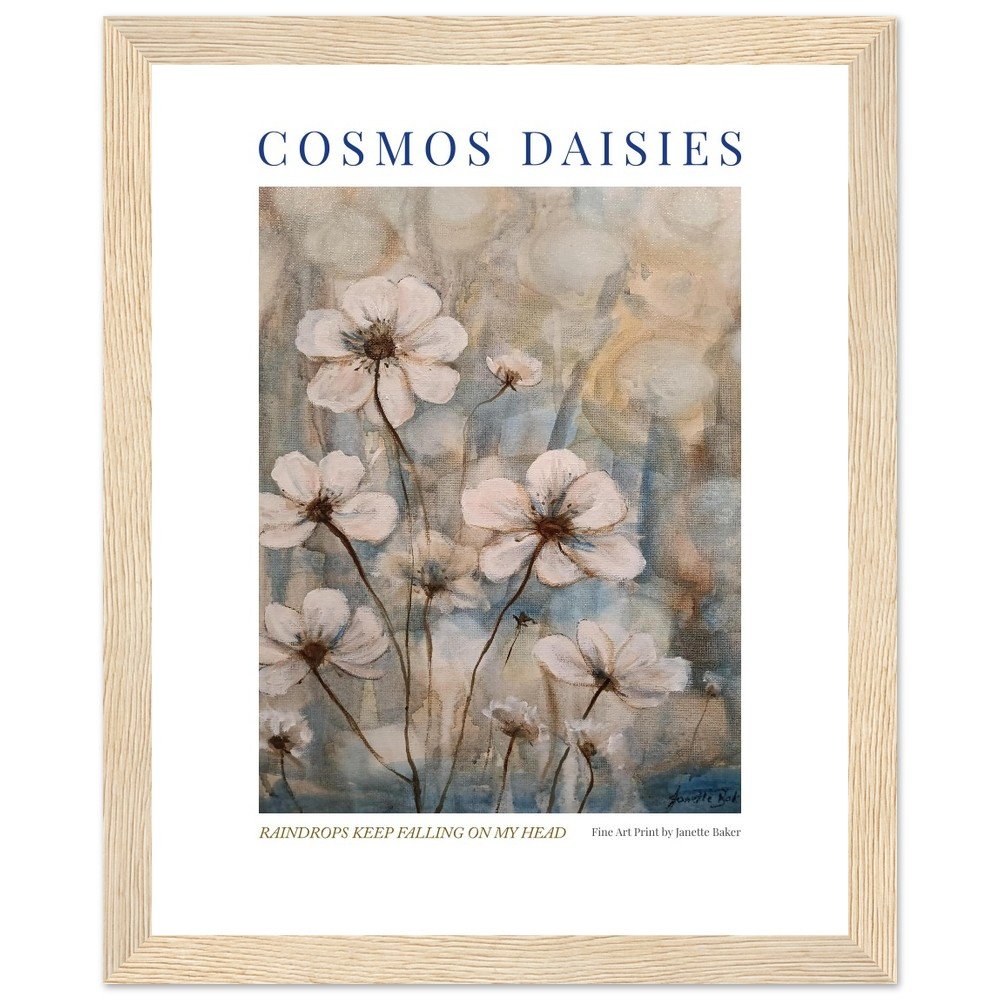 Limited Edition Cosmos Daisies Fine Art Framed Poster – Rainy Blue & Charcoal Floral Wall Art