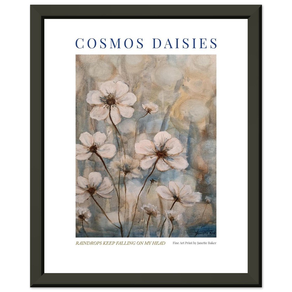 Limited Edition Cosmos Daisies Fine Art Framed Poster – Rainy Blue & Charcoal Floral Wall Art