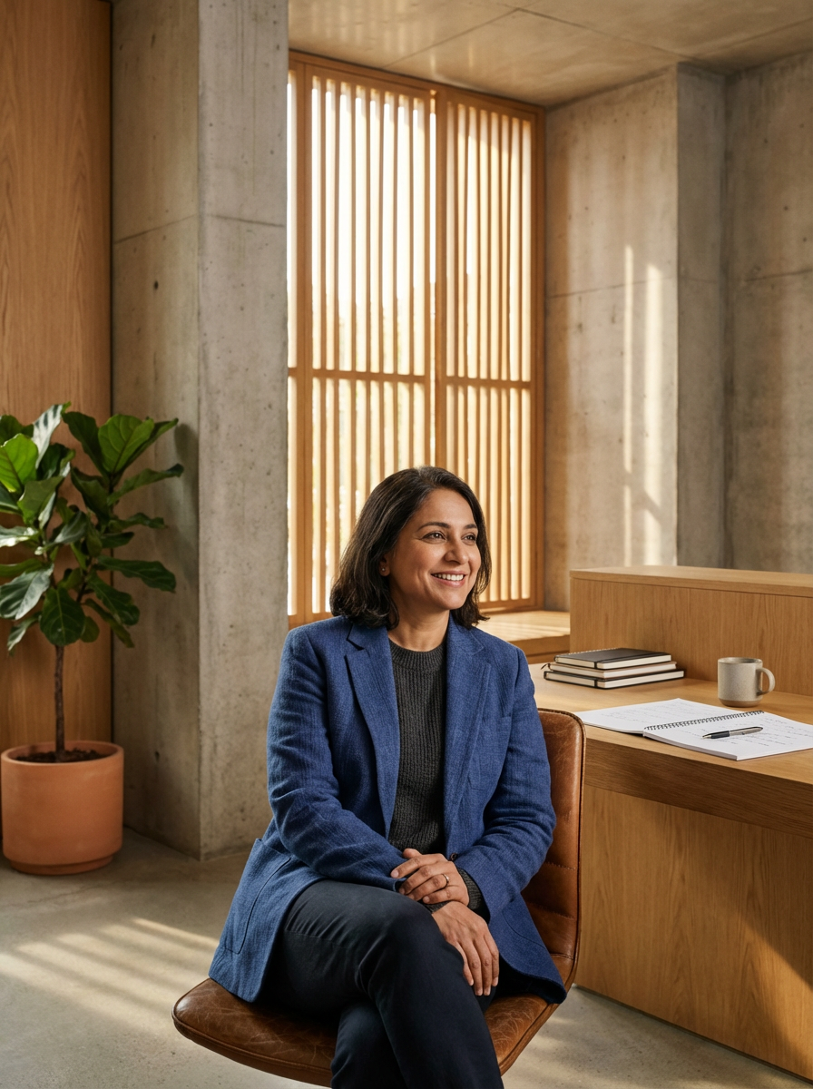 A woman sitting in an office with a wooden and concrete interior, smiling, with books, papers, a pen, a coffee mug, and a potted plant nearby.