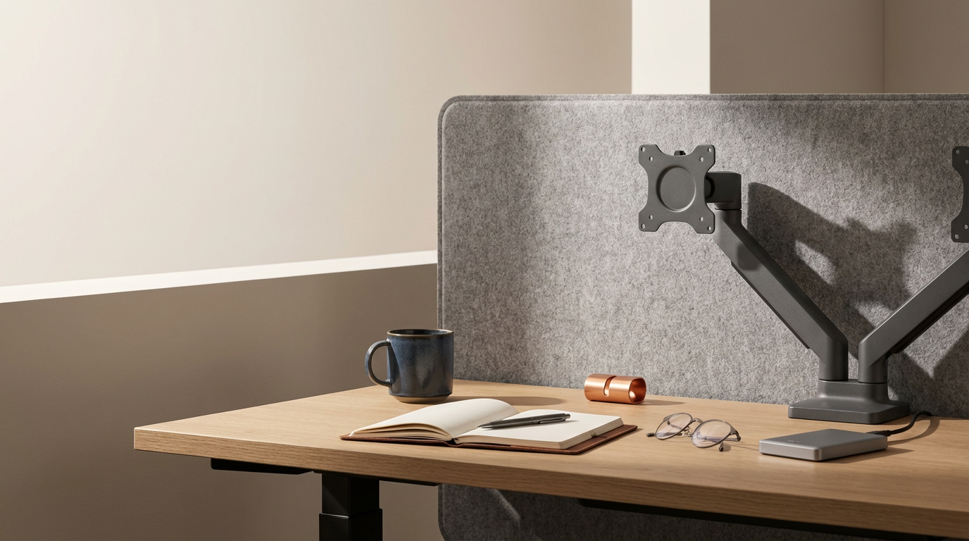 A cluttered workstation with a laptop stand, open notebook with pen, mug, eyeglasses, small copper object, and a portable charger or external hard drive on a wooden desk.