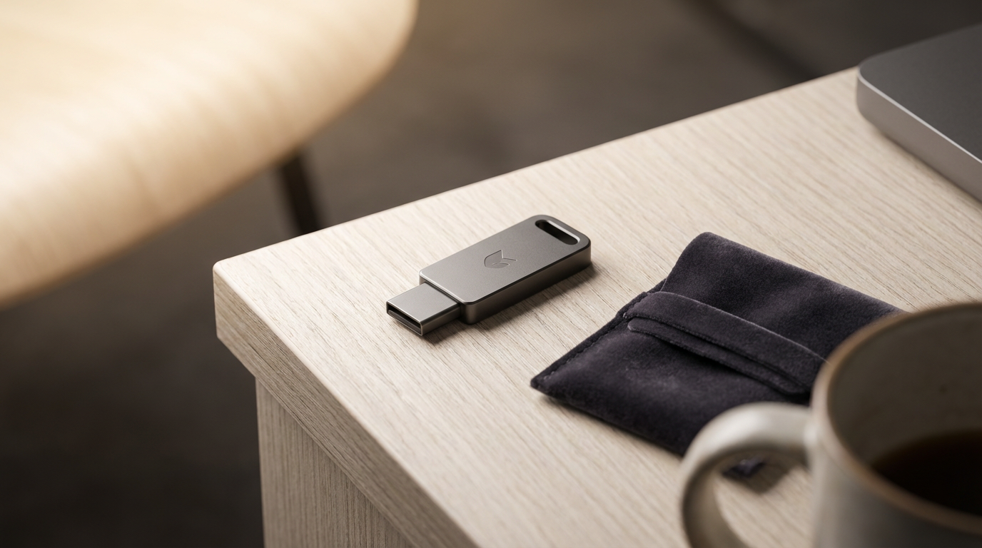 A desk with a portable USB-C flash drive, a folded black cloth, a coffee cup, and part of a laptop on a light wooden surface.