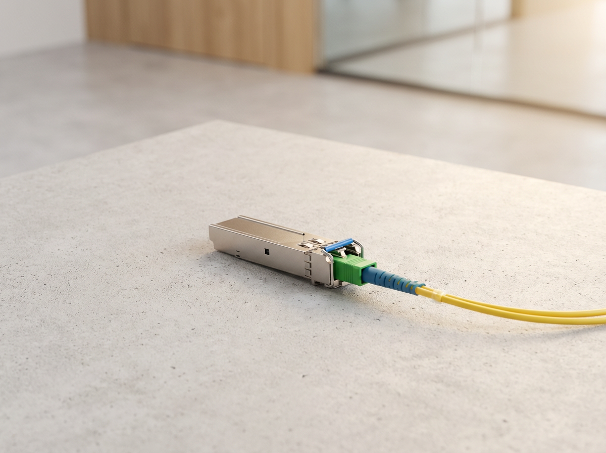 Close-up of an orange fiber optic connector attached to a metal and plastic device on a white surface in a modern room.