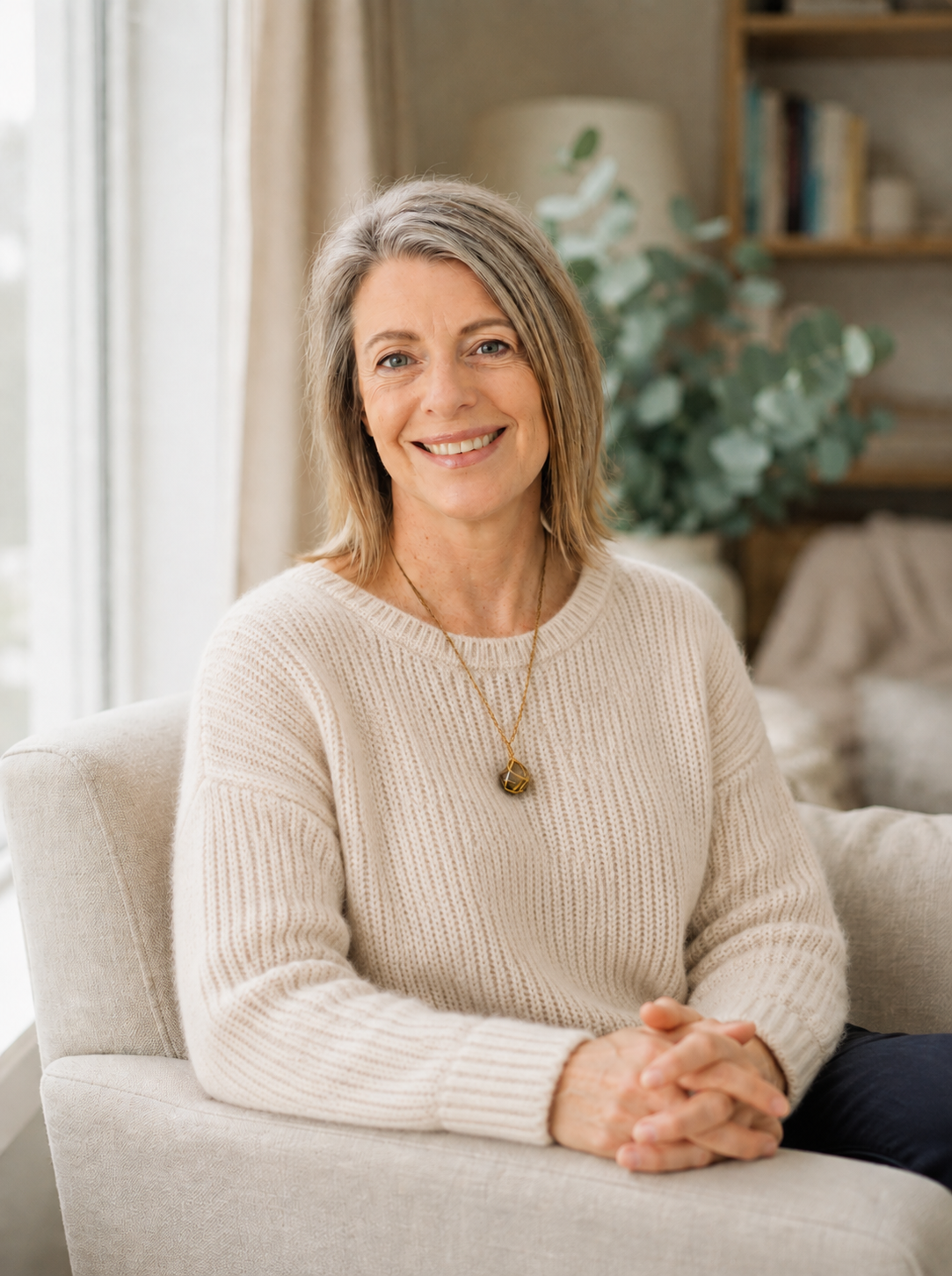A smiling woman sitting on a beige couch in a living room, with a plant and books on shelves in the background.