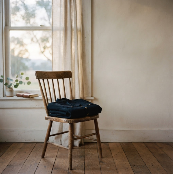 A wooden chair with a folded dark blue jacket on it, placed in front of a window with sheer cream curtains, in a room with hardwood floor and a plain beige wall.