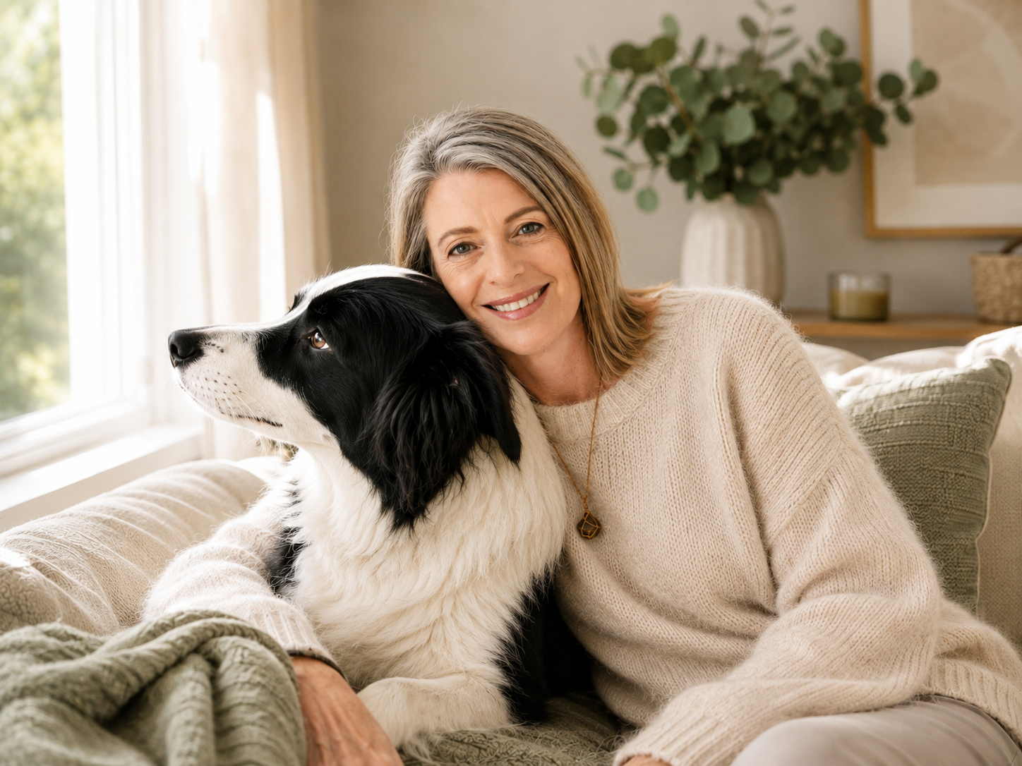 A woman and a Border Collie dog cuddling on a beige sofa in a cozy living room with natural light and plants.