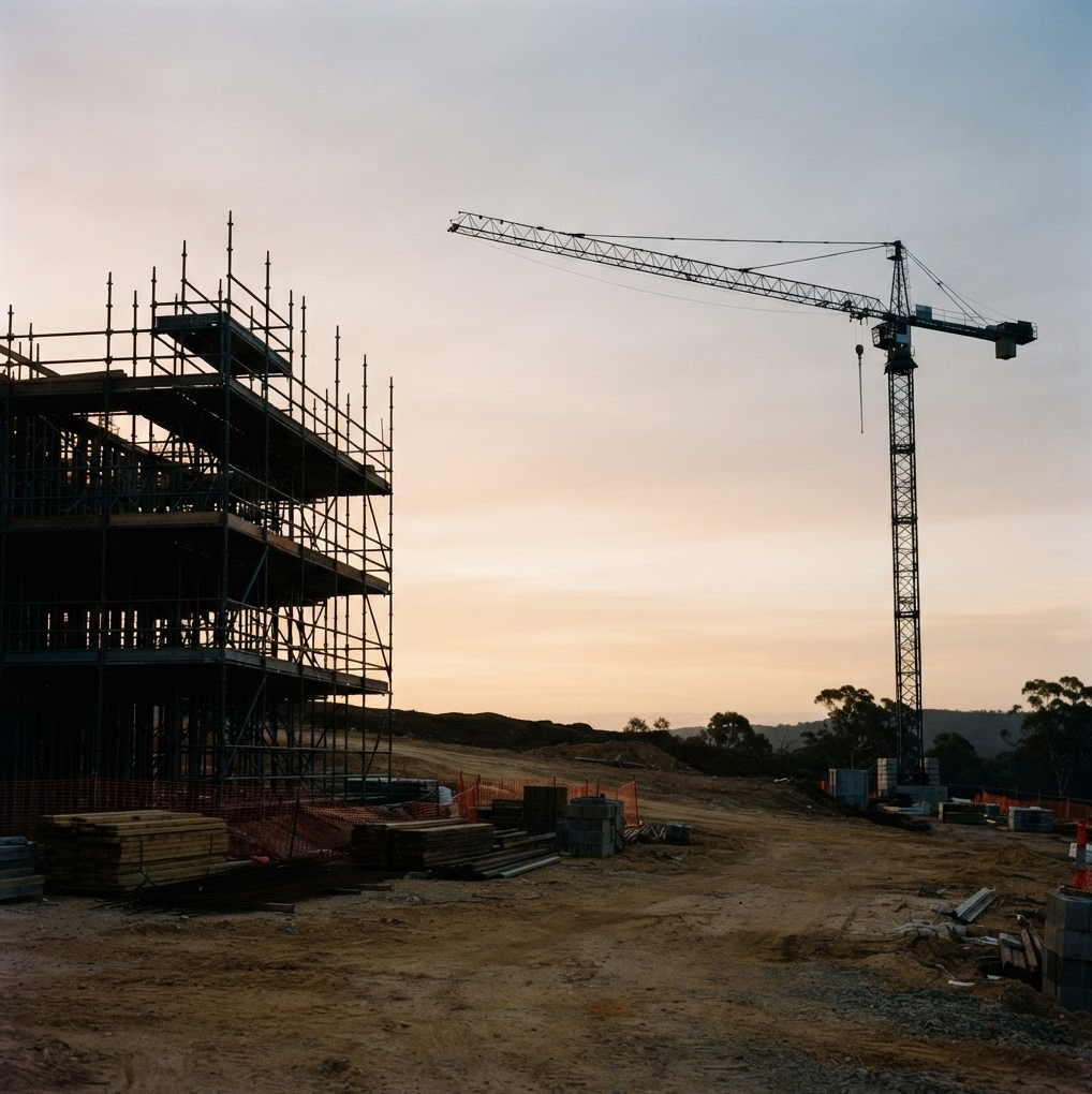 Construction site with scaffolding and a tower crane during sunset.