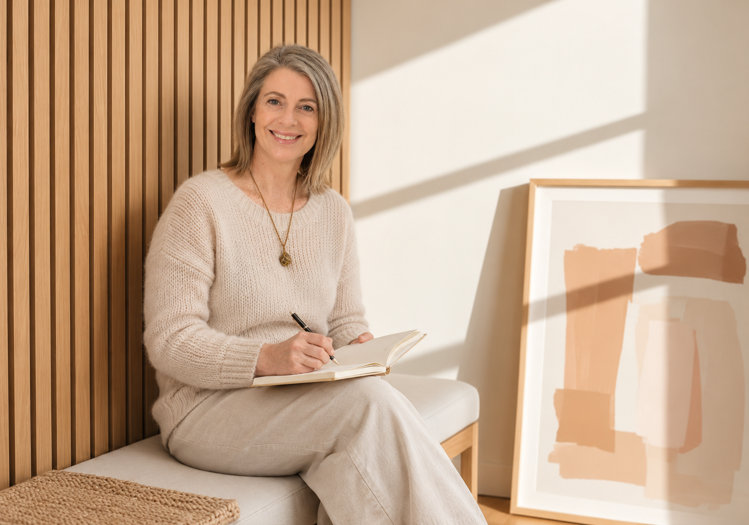 A woman with shoulder-length blonde hair sitting on a bench against a wooden wall, smiling and writing in a notebook. There are abstract art paintings on the floor beside her, and sunlight casts shadows on the wall.