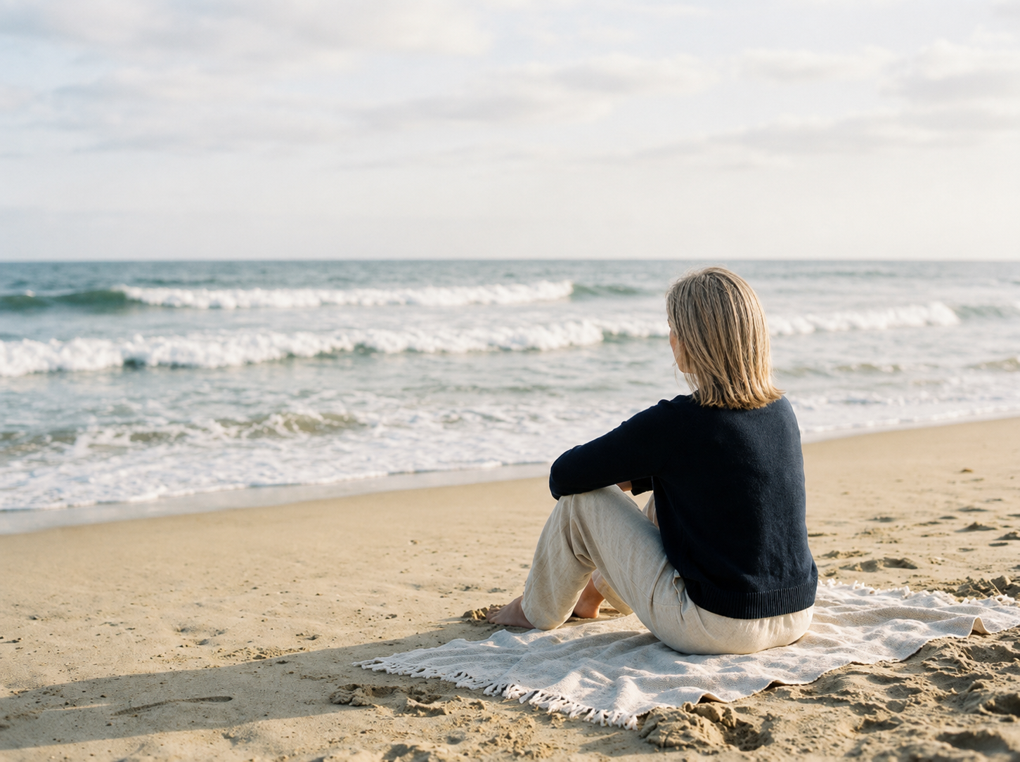 A woman sitting alone on a beach on a white towel, gazing at the ocean waves in the distance during daytime.