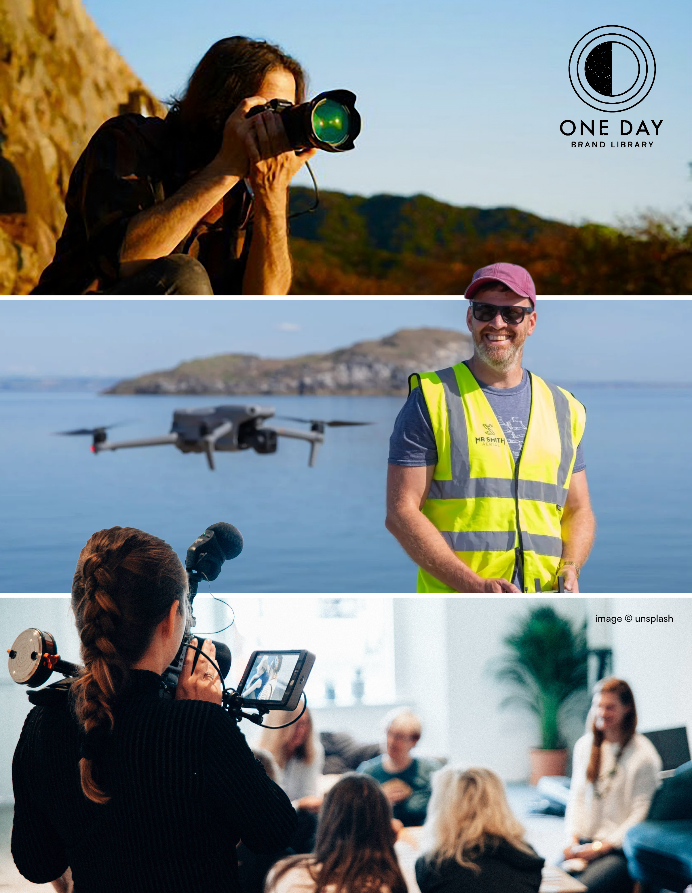 A man with long hair taking photos with a professional camera at an outdoor event, with a crowd of people in the background, including a man in a yellow high-visibility vest and sunglasses, and a woman with long dark hair sitting in front of her.