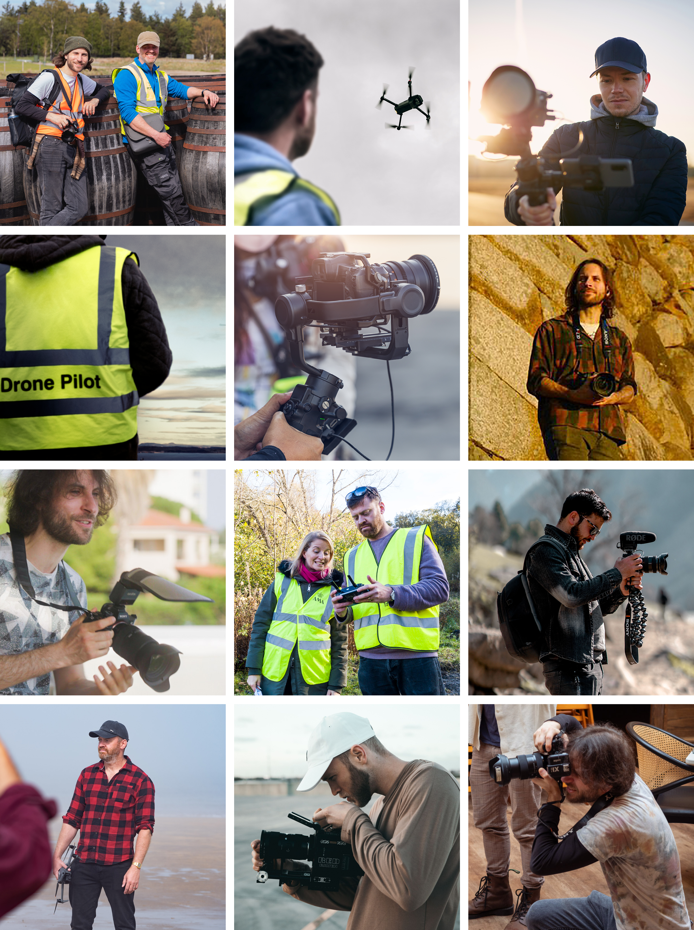 A collage of people engaged in photography, videography, and drone piloting activities outdoors and indoors, including individuals with professional camera equipment and drones.