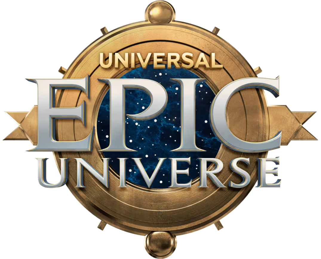 Universal Epic Universe logo with a globe at the center, surrounded by a gold circular frame with metallic accents and the text 'Universal Epic Universe'.