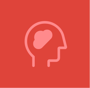 A minimalistic illustration of a human head outline with a cloud inside, set against a red background.