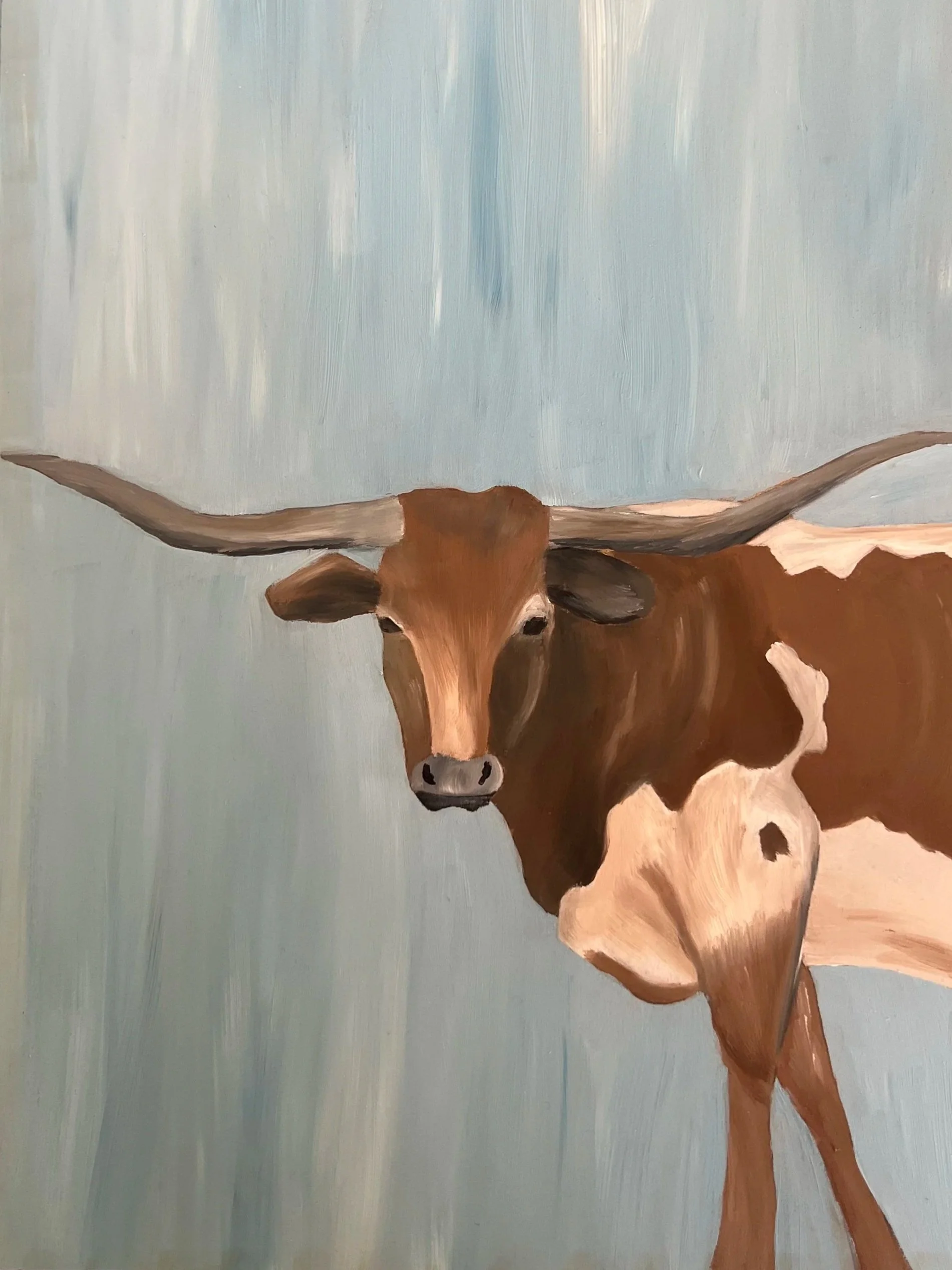 Painting of a longhorn steer looking directly at the viewer, with a light blue background.