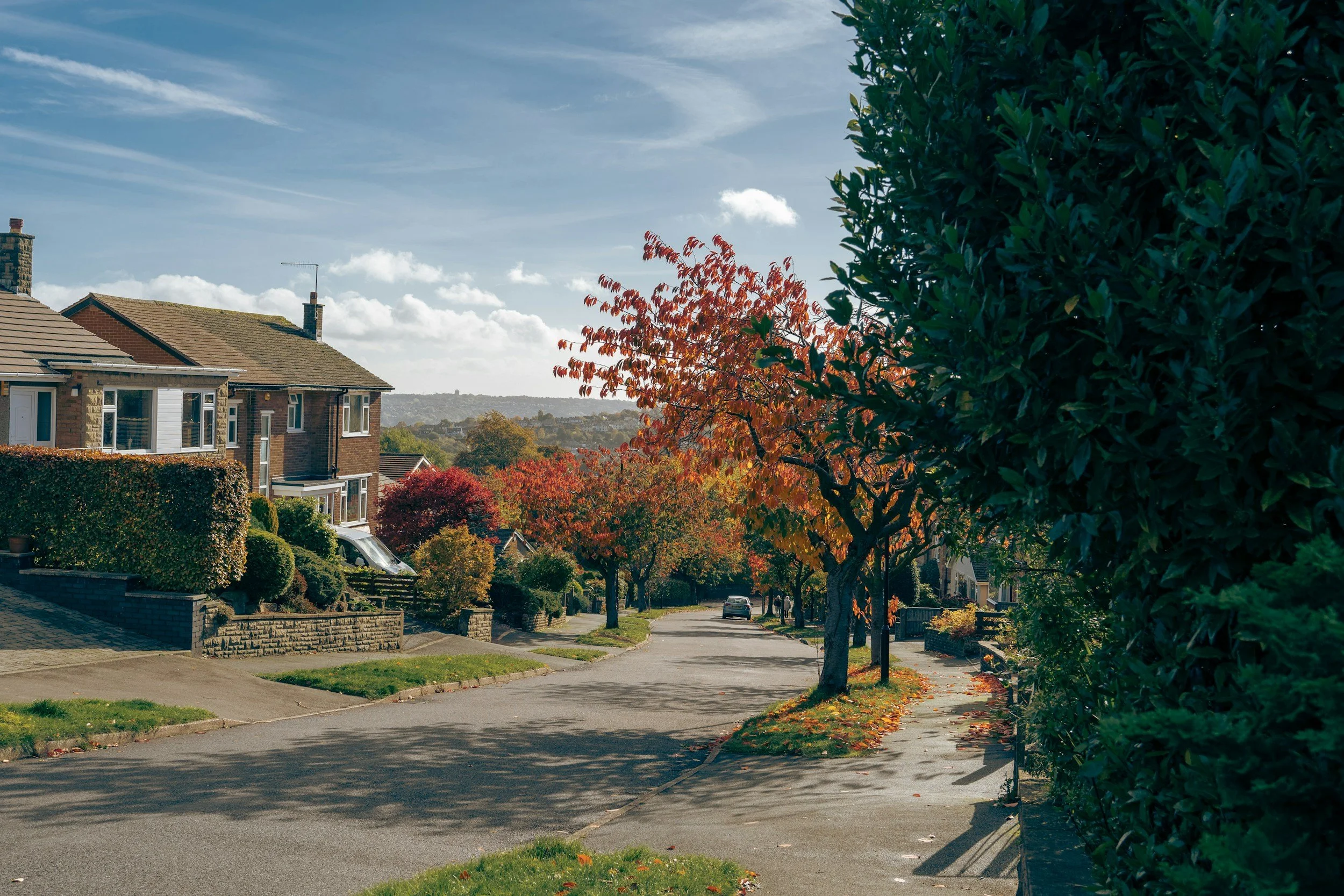 A neighborhood street lined with houses, trees with fall foliage, and a clear sky with wispy clouds.