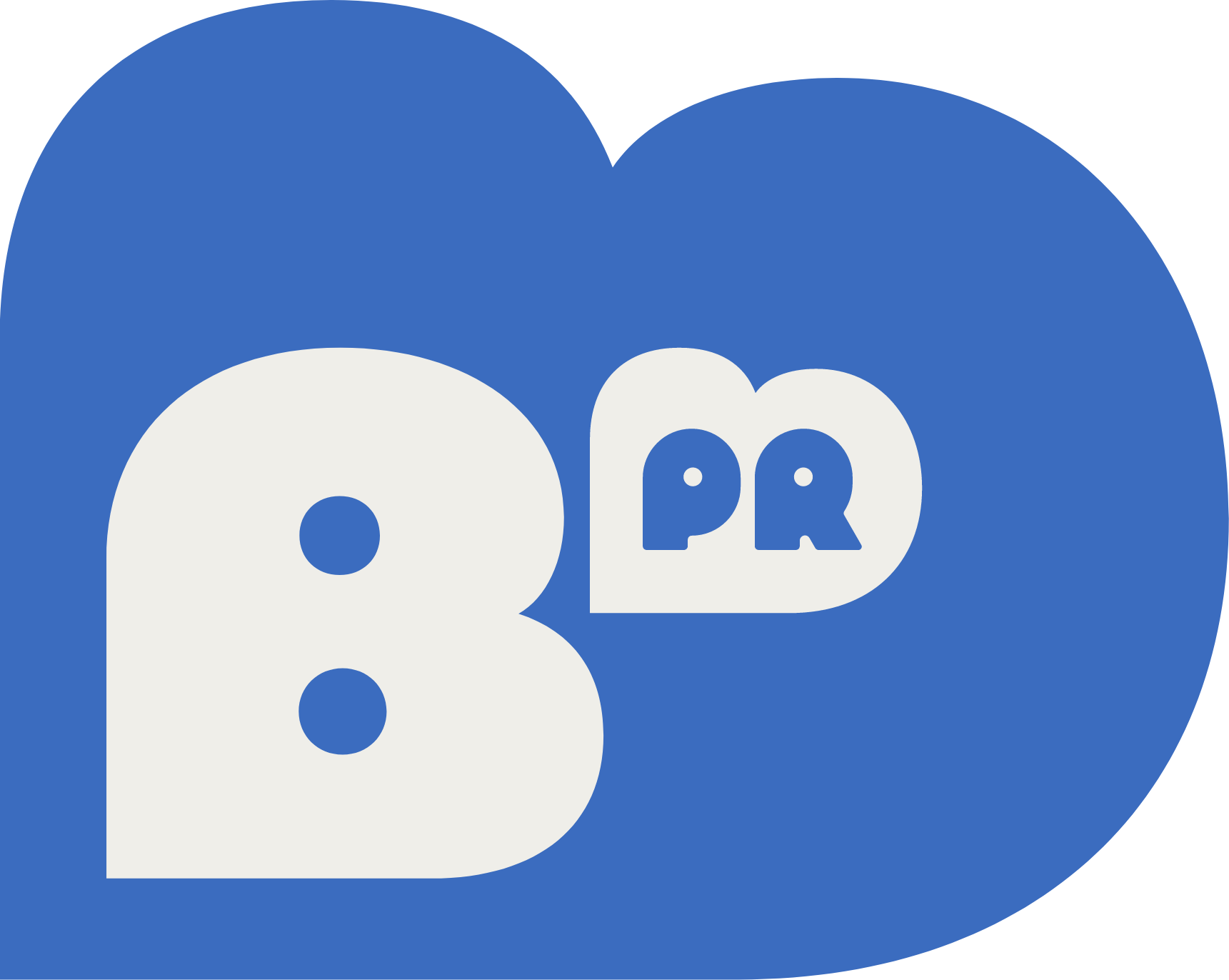 Blue background with a large white Pac-Man shape and a smaller Pac-Man with the letters "PR" inside.