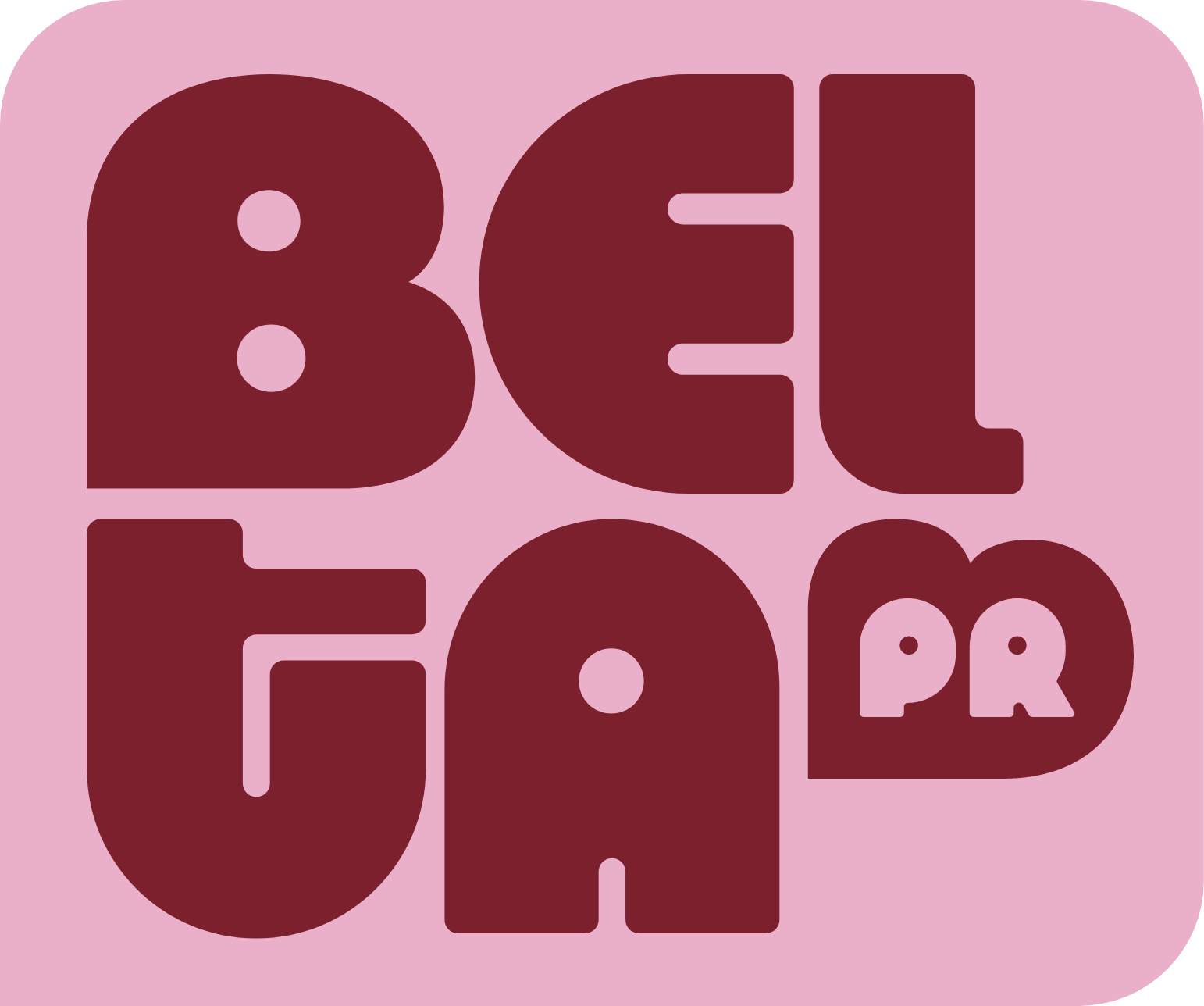 Bold, stylized text spelling 'belta' in dark red on a pink background.
