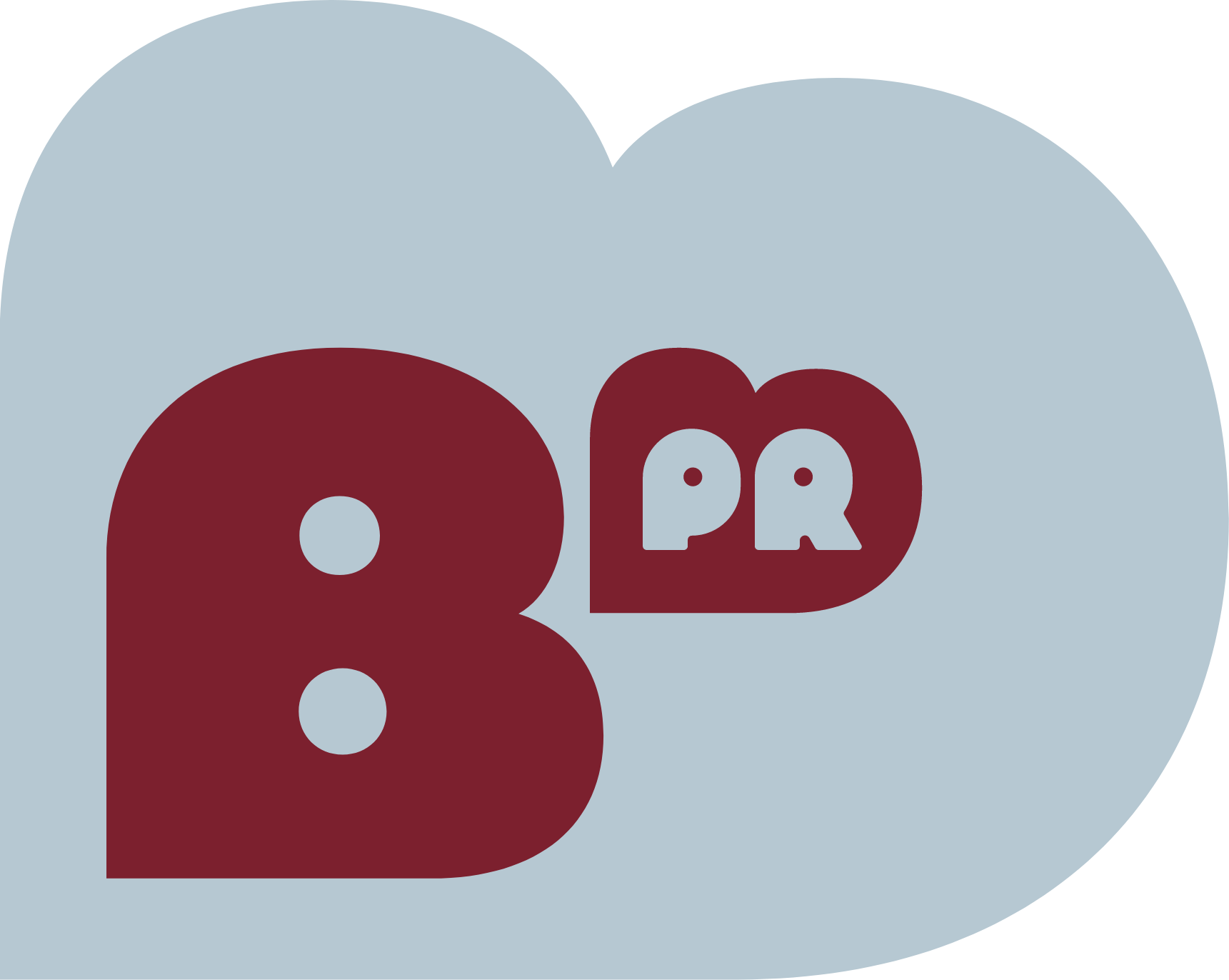 Close-up of a design with large dark red letters 'BD' and smaller white letters 'PR' inside the 'D'. The background is light blue.