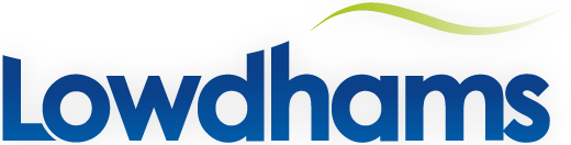 Lowhams logo with blue text and green and white curved lines above