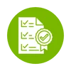 Green icon with a checklist, pen, and magnifying glass.