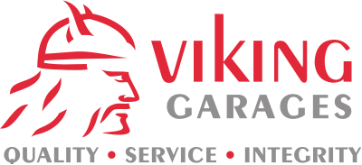 Viking Garages logo with a stylized Viking warrior helmet and text 'Viking Garages' and 'Quality Service Integrity'.