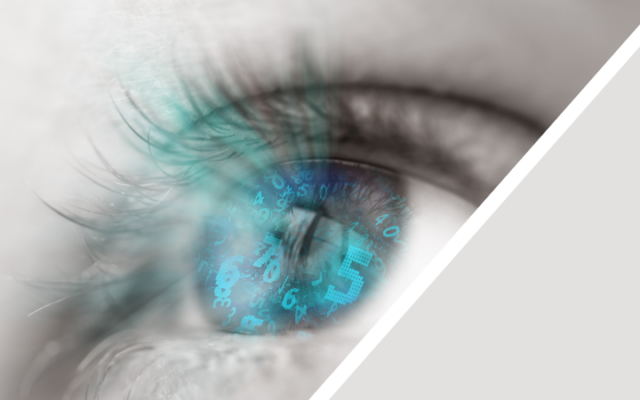 Close-up of a human eye with a digital clock and numbers reflected in the iris.