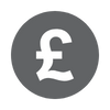 Gray circle with a white British pound (£) currency symbol in the center.